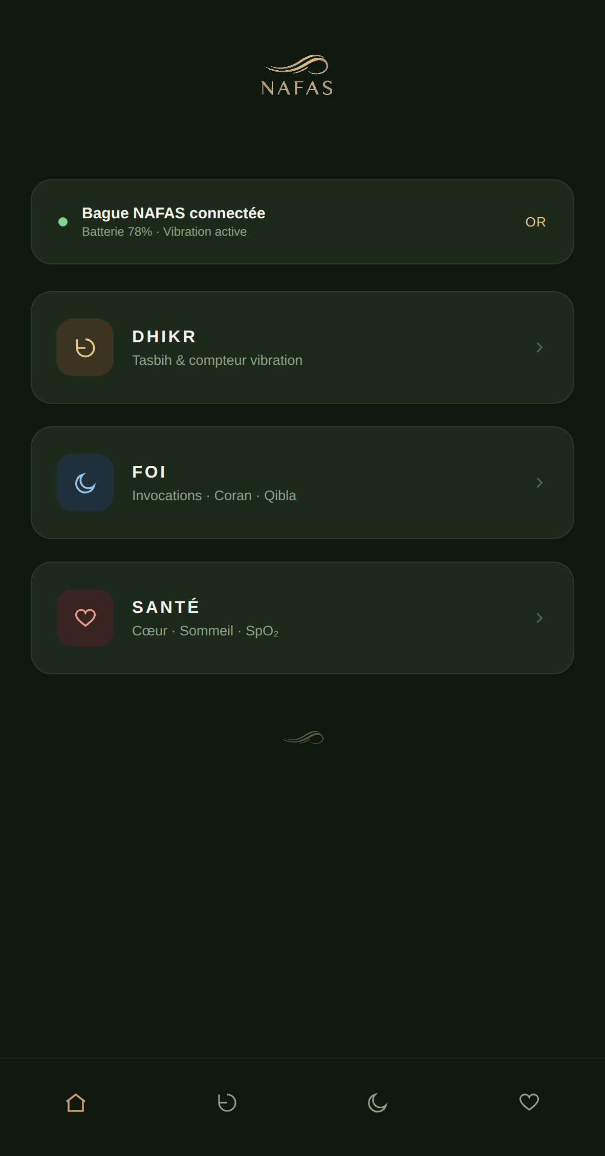Écran d'accueil de l'application NAFAS